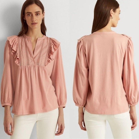 Lauren Ralph Lauren Tops - Lauren Ralph Lauren Rose Tan Ruffled Bib Neck Top Size: S